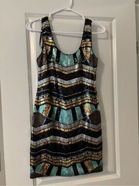 As U Wish Sequin Mini Dress in Black, Gold & Teal